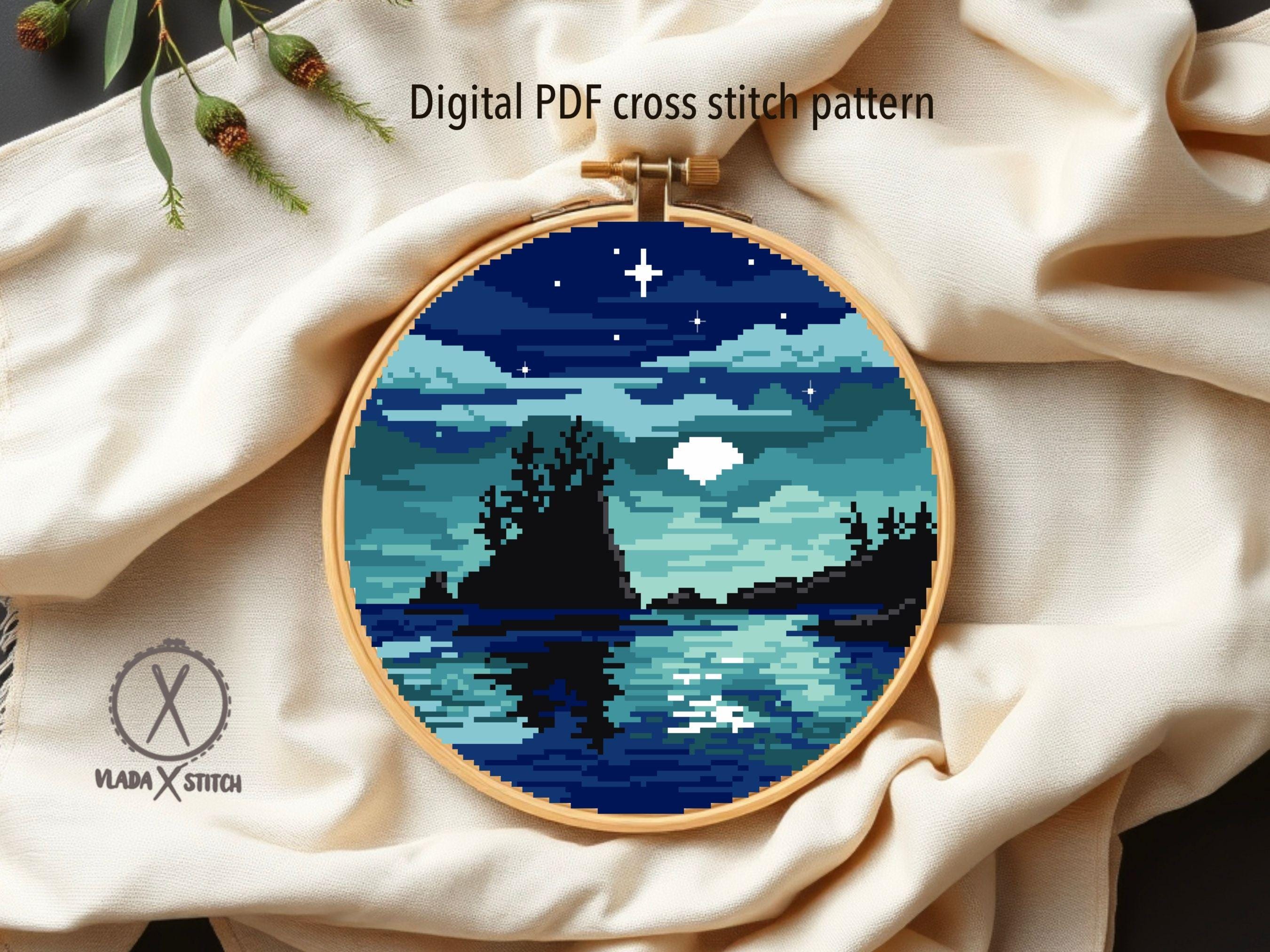 Olympic National Park Modern Cross Stitch Pattern, Night Landscape