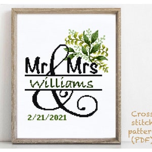 Wedding modern cross stitch pattern, personalized, customized, floral, wreath, counted, chart,  anniversary, wedding gift DIY, digital PDF