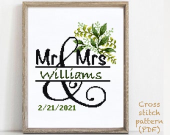 Wedding modern cross stitch pattern, personalized, customized, floral, wreath, counted, chart,  anniversary, wedding gift DIY, digital PDF