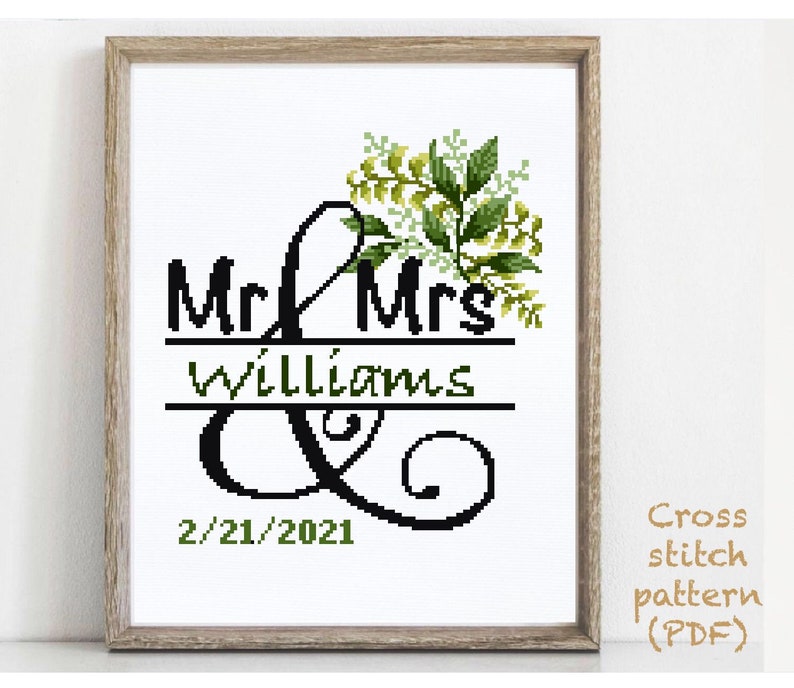 Wedding modern cross stitch pattern, personalized, customized, floral, wreath, counted, chart, anniversary, wedding gift DIY, digital PDF image 1