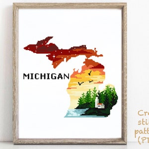 Michigan state  Modern Cross Stitch Pattern, nature counted cross stitch char, Isle Royale national park, river, home, forest,instant PDF