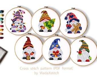 Set of 6 Christmas Gnomes  Modern Cross Stitch Pattern, Instant download PDF