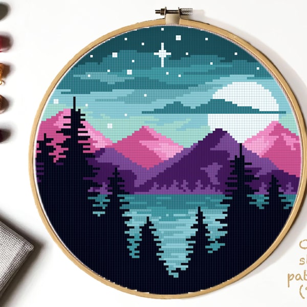 Landscape  Cross Stitch Pattern, mountains  counted cross stitch chart, starry sky, forest, lake,  round, embroidery, INSTANT DOWNLOAD PDF