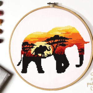 Elephant Cross Stitch Pattern, landscape  counted cross stitch chart, sunset, tree , animals cross stitch, hoop art, embroidery, instant PDF