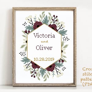 Wedding modern cross stitch pattern, personalized, customized, floral, wreath, counted, chart, anniversary, wedding gift DIY, digital PDF