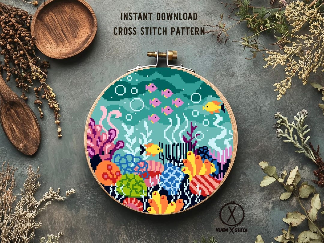 Sea Bottom Cross Stitch Pattern, Modern Ocean Animals Embroidery