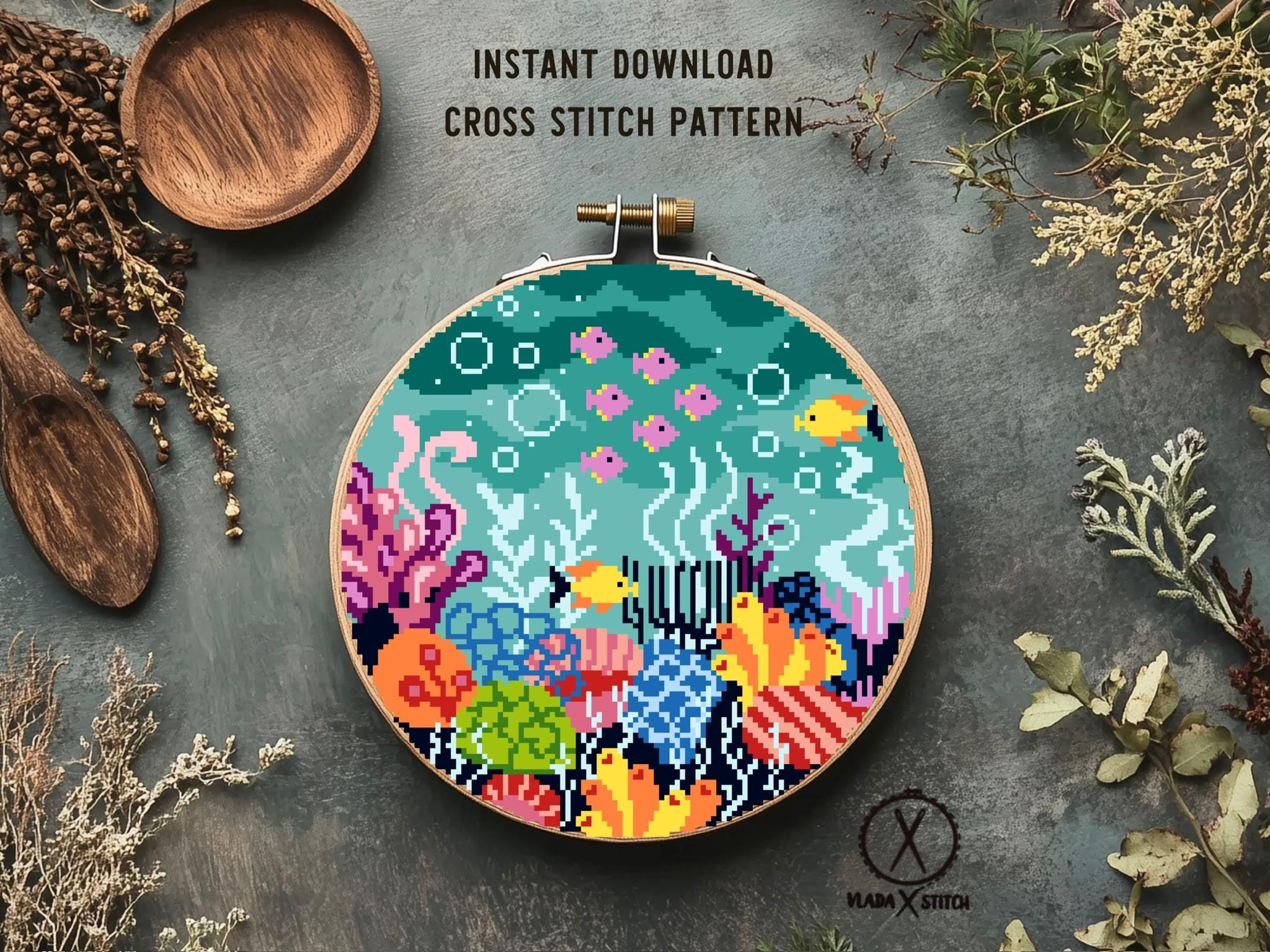 Sea Bottom Modern Cross Stitch Pattern, Nature Easy Counted Cross