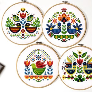 Folk Floral Modern Cross Stitch Pattern, flower counted cross stitch chart, birds,  nature,  hoop embroidery, Instant download PDF