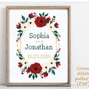Wedding modern cross stitch pattern, personalized, customized, floral, wreath, counted, chart, anniversary, wedding gift DIY, digital PDF