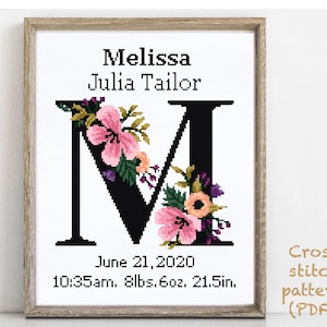 Patrón de punto de cruz moderno para anuncio de nacimiento de la letra M, bebé, letra, personalizado, decoración de guardería para niño y niña, contado, regalo DIY, PDF digital