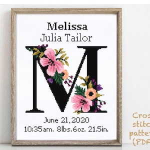 Letter M Birth announcement modern cross stitch pattern, baby, letter, personalized, boy girl nursery decor, counted,, gift DIY, digital PDF