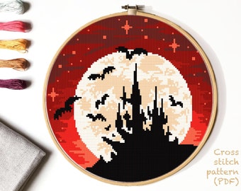 Halloween  Modern Cross Stitch Pattern, moon cross stitch chart, landscape, castle,,nature, round, embroidery, INSTANT DOWNLOAD PDF