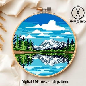 North Cascades National Park Modern Cross Stitch Pattern, mountain, lake, forest, instant download PDF image 2