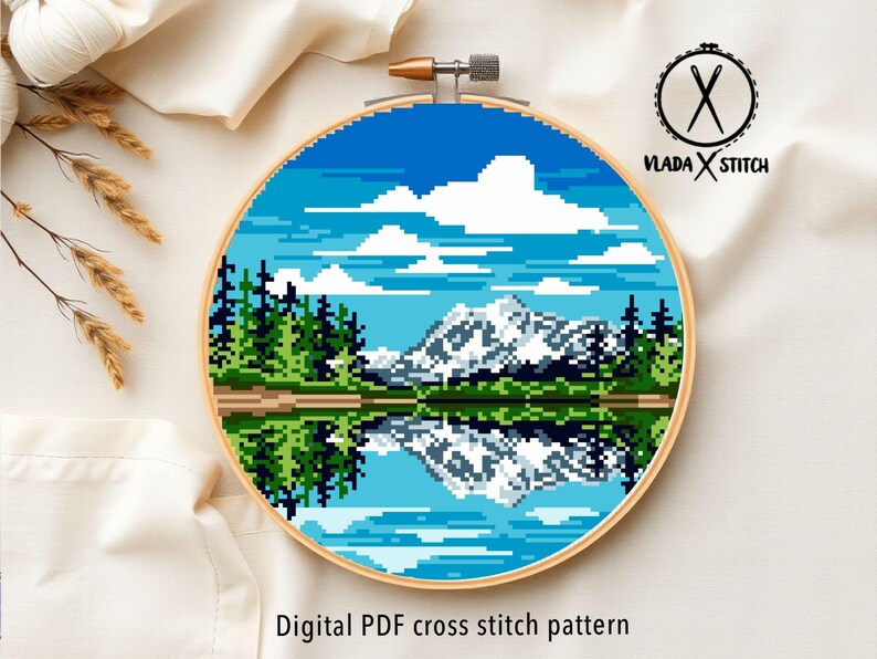North Cascades National Park Modern Cross Stitch Pattern, mountain, lake, forest, instant download PDF image 2