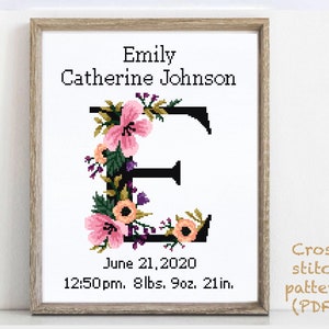 Letter E, Birth announcement modern cross stitch pattern, baby, personalized, boy girl nursery decor, counted, chart, gift DIY, digital PDF