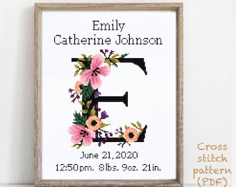 Letter E, Birth announcement modern cross stitch pattern, baby, personalized, boy girl nursery decor, counted, chart, gift DIY, digital PDF
