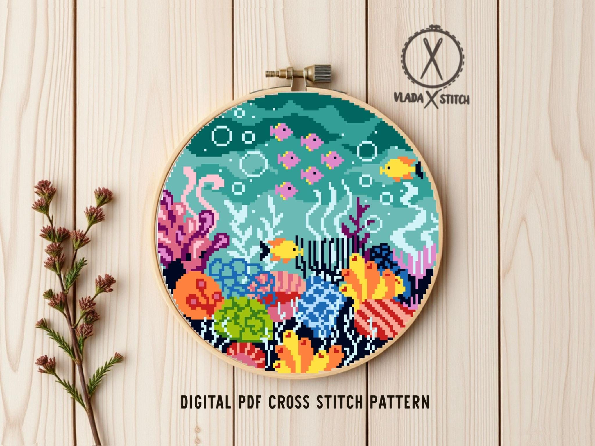 Sea Bottom Modern Cross Stitch Pattern, Nature Easy Counted Cross