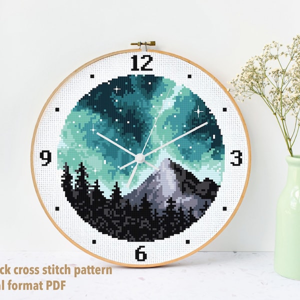 Clock Modern cross stitch pattern, nature cross stitch pattern, instant download pdf