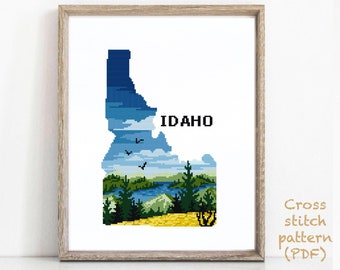 Idaho state  Modern Cross Stitch Pattern, nature counted cross stitch chart, Lake Pend Oreille , landscape, forest,instant PDF