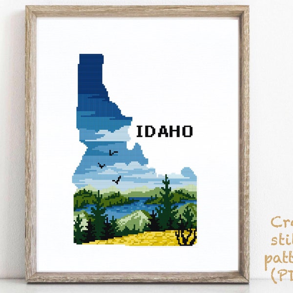 Idaho state  Modern Cross Stitch Pattern, nature counted cross stitch chart, Lake Pend Oreille , landscape, forest,instant PDF