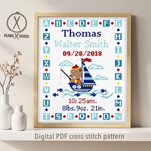 Personalized Baby Stats Cross Stitch Pattern, Birth Announcement, Nautical Bear Cub (PDF Pattern)