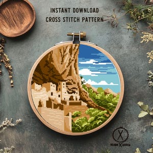 Mesa Verde National Park Modern Cross Stitch Pattern, nature,mountain, hoop art, instant download PDF