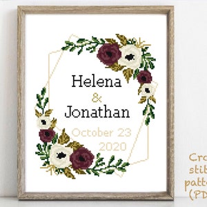 Wedding modern cross stitch pattern, personalized, customized, floral, wreath, counted, chart,  anniversary, wedding gift DIY, digital PDF