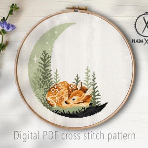 Deer Modern Cross Stitch Pattern, moon, instant download pdf.
