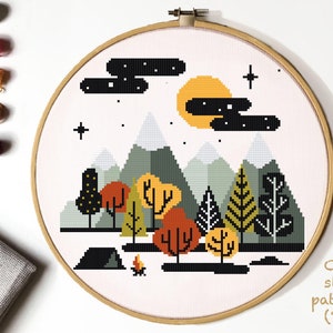 Adventure awaits Cross Stitch Pattern, mountains  cross stitch, camping cross stitch, nature cross stitch, hoop art, embroidery, instant PDF