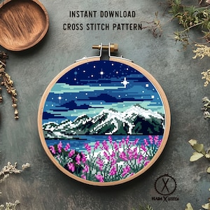 Mountain Landscape Cross Stitch Pattern, Night Sky Flowers, DIY Embroidery Design (PDF Pattern Download)