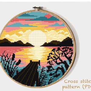 Landscape Modern Cross Stitch Pattern, nature easy counted cross stitch chart, river, sunset, hoop art, instant download PDF