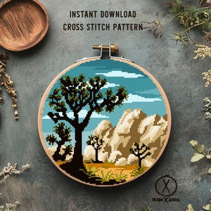 Joshua Tree national park  Modern Cross Stitch Pattern, nature counted chart, landscape, mountains, instant PDF