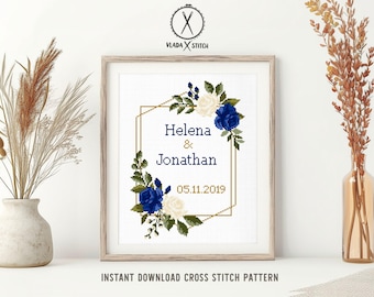 Schema per punto croce per matrimonio, ghirlanda floreale personalizzata, anniversario, regalo di nozze fai da te, PDF digitale