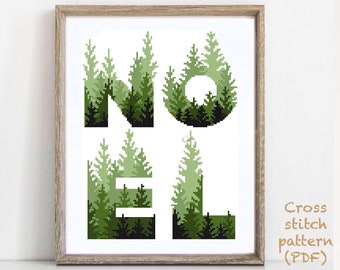 Noel Modern Cross Stitch Pattern, Christmas cross stitch chart, forest , nature, embroidery, INSTANT DOWNLOAD PDF