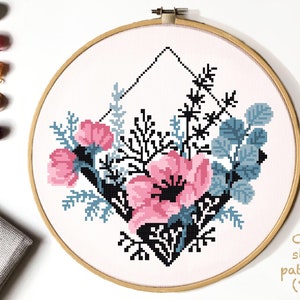 Floral Modern Cross Stitch Pattern, flower counted cross stitch chart, nature,  hoop embroidery, Instant download PDF