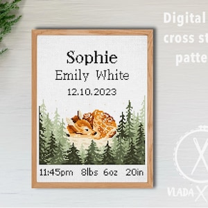 Anúncio de nascimento moderno padrão de ponto cruz, bebê, personalizado, decoração de berçário menino menina, contado, gráfico, presente DIY, PDF digital