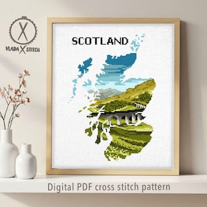 Scotland silhouette Modern Cross Stitch Pattern, country, nature easy counted cross stitch chart, mountain,  hoop art, instant download PDF