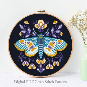 Moths Modern Cross Stitch Pattern, insect cross stitch, instant download pdf