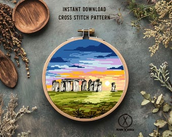 Stonehedge United Kingdom Cross Stitch Pattern, country, nature, easy counted chart, instant download PD