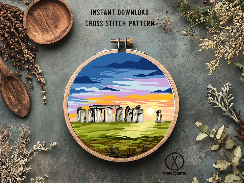 Stonehedge United Kingdom Cross Stitch Pattern, country, nature, easy counted chart, instant download PD image 1