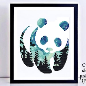 Padrão de ponto cruz panda moderno, floresta, paisagem, silhueta animal, natureza, galáxia, noite estrelada, céu, PDF instantâneo