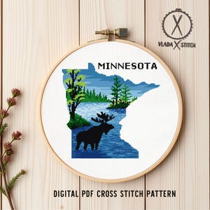 Minnesota Moose Cross Stitch Pattern, State Map Art, DIY Needlepoint (Digital PDF Pattern)