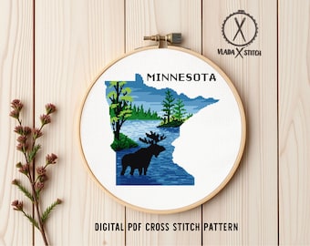 Minnesota Moose Cross Stitch Pattern, State Map Art, DIY Needlepoint (Digital PDF Pattern)