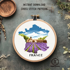 Frankreich Lavendelfeld Kreuzstichmuster, Landkarte Landschaft, DIY Stickdatei