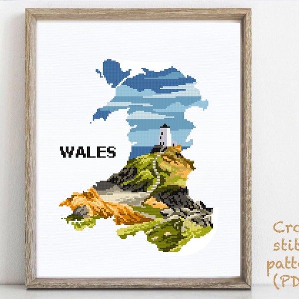 Wales Modern Cross Stitch Pattern, Great Britain, country, landscape, nature, easy counted cross stitch chart, hoop art, instant download PD