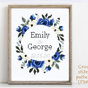 Wedding modern cross stitch pattern, personalized, customized, floral, wreath, counted, love, anniversary, wedding gift DIY, digital PDF