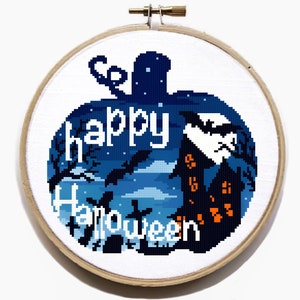 Halloween Modern Cross Stitch Pattern, castle cross stitch chart, pumpkin ,nature, round, embroidery, INSTANT DOWNLOAD PDF imagem 3