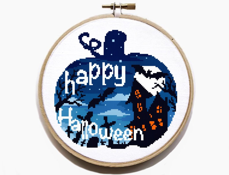 Halloween Modern Cross Stitch Pattern, castle cross stitch chart, pumpkin ,nature, round, embroidery, INSTANT DOWNLOAD PDF image 3