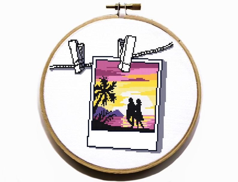 hoop art Photo Landscape Modern Cross Stitch Pattern nature counted cross stitch chart palm sunset beach instant download PDF