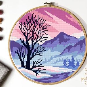 Winter Landschaft Moderne Kreuzstich Anleitung, Berg Kreuzstich Stickmuster, Berg Kreuzstich Stickmuster, SOFORTIGER DOWNLOAD PDF